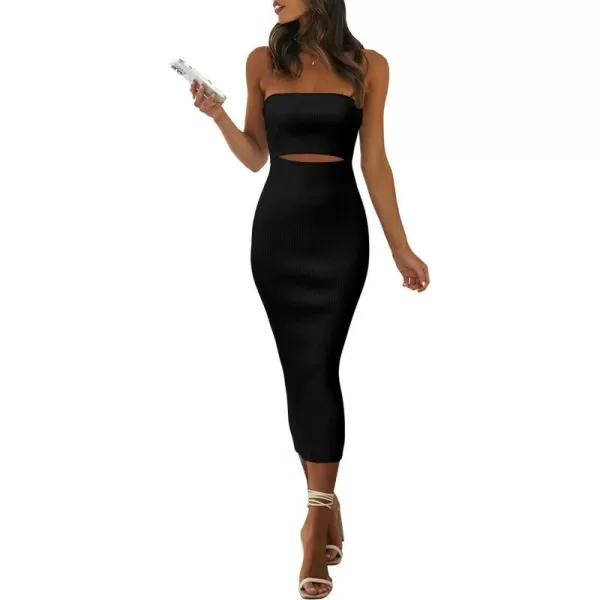imagePRETTYGARDEN Womens Summer Midi Bodycon Dress Strapless Cut Out Knit Tube Long Fitted DressesSolid Black