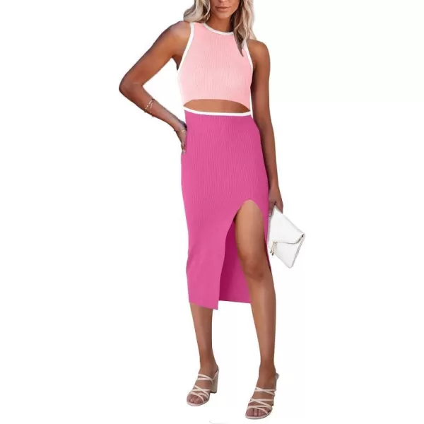 imagePRETTYGARDEN Womens Summer Midi Bodycon Dresses Casual Crew Neck Side Slit Sleeveless Knit Cut Out Tank Top DressZlight Pinkrose Pink