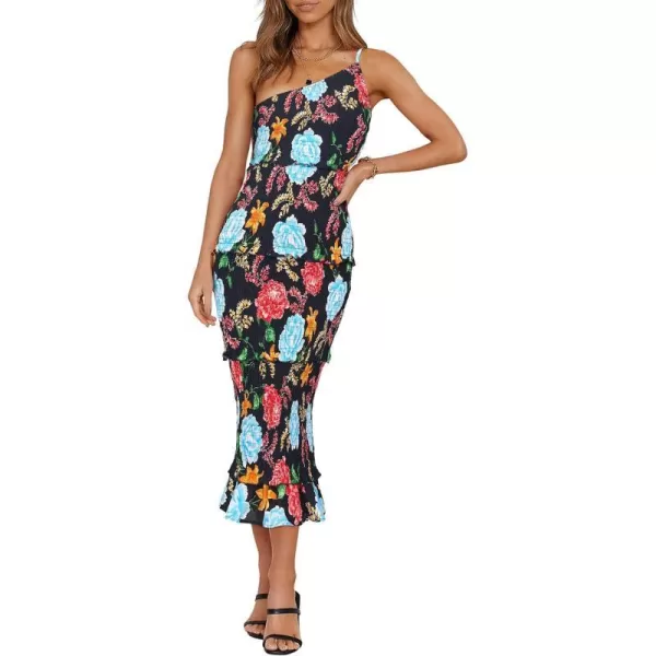 imagePRETTYGARDEN Womens Summer Midi Bodycon Dresses One Shoulder Strappy Tiered Ruffle Floral Boho Sun DressFloral Black Red