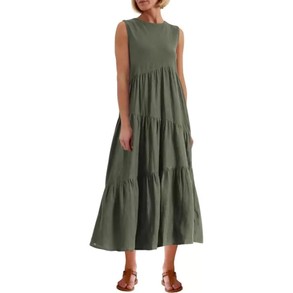 imagePRETTYGARDEN Womens Summer Midi Dress Sleeveless Crewneck Tiered Long Flowy Casual Holiday Beach Sundresses with PocketsArmy Green