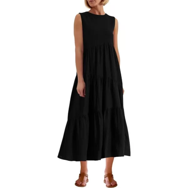 imagePRETTYGARDEN Womens Summer Midi Dress Sleeveless Crewneck Tiered Long Flowy Casual Holiday Beach Sundresses with PocketsBlack