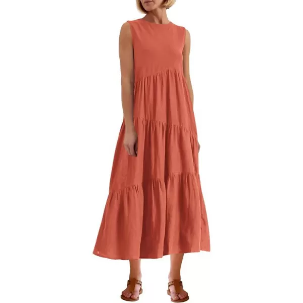 imagePRETTYGARDEN Womens Summer Midi Dress Sleeveless Crewneck Tiered Long Flowy Casual Holiday Beach Sundresses with PocketsBrick Red