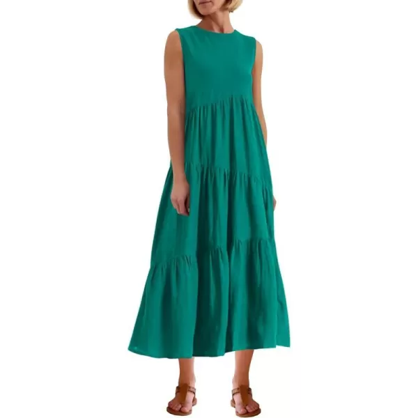 imagePRETTYGARDEN Womens Summer Midi Dress Sleeveless Crewneck Tiered Long Flowy Casual Holiday Beach Sundresses with PocketsBrilliant Green