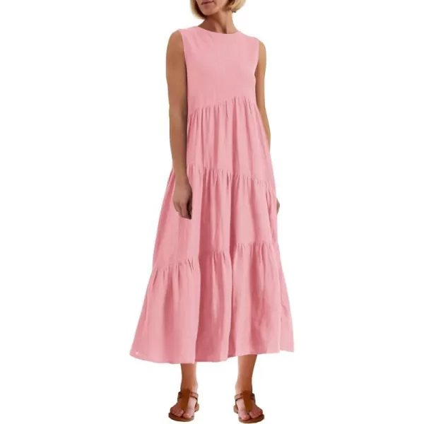 imagePRETTYGARDEN Womens Summer Midi Dress Sleeveless Crewneck Tiered Long Flowy Casual Holiday Beach Sundresses with PocketsPink