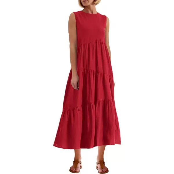 imagePRETTYGARDEN Womens Summer Midi Dress Sleeveless Crewneck Tiered Long Flowy Casual Holiday Beach Sundresses with PocketsRed