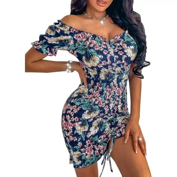 imagePRETTYGARDEN Womens Summer Off Shoulder Bodycon Dresses Short Sleeve Drawstring Sexy Mini Party Club Smocked DressRoyal Blue