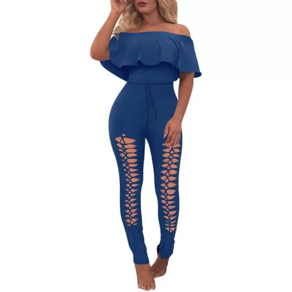 imagePRETTYGARDEN Womens Summer Off Shoulder Bodycon Jumpsuit Rompers Ruffle Sleeve Hollow Out Sexy Club OutfitsDark Blue