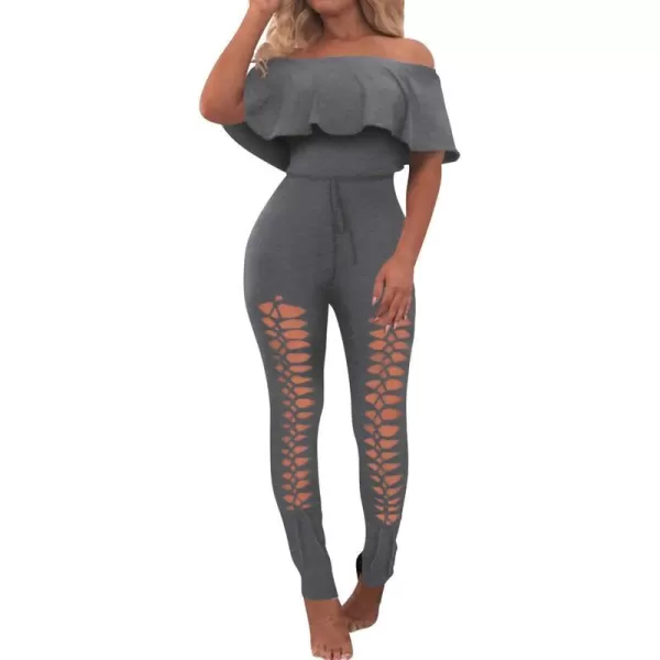 imagePRETTYGARDEN Womens Summer Off Shoulder Bodycon Jumpsuit Rompers Ruffle Sleeve Hollow Out Sexy Club OutfitsDark Grey