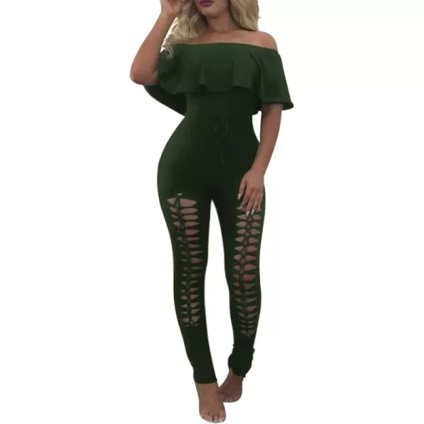 imagePRETTYGARDEN Womens Summer Off Shoulder Bodycon Jumpsuit Rompers Ruffle Sleeve Hollow Out Sexy Club OutfitsGreen