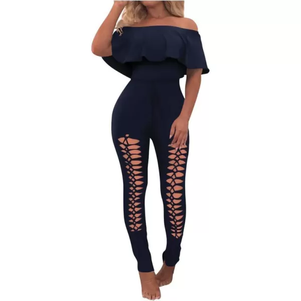 imagePRETTYGARDEN Womens Summer Off Shoulder Bodycon Jumpsuit Rompers Ruffle Sleeve Hollow Out Sexy Club OutfitsNavy