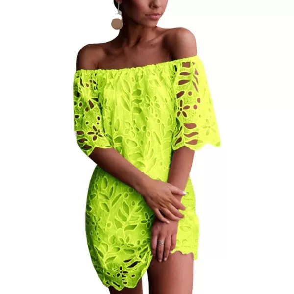 imagePRETTYGARDEN Womens Summer Off Shoulder Vintage Floral Lace Flare Short Sleeve Loose Elegant Mini DressFluorescent Green