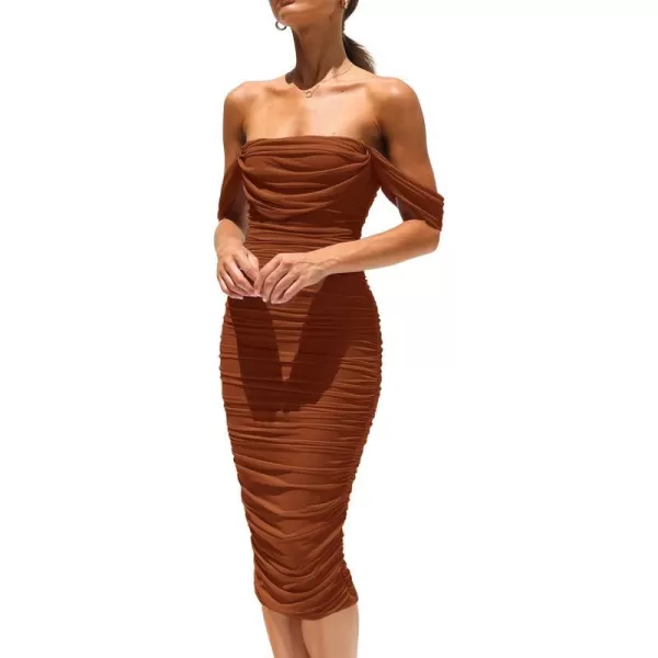 imagePRETTYGARDEN Womens Summer Off The Shoulder Ruched Bodycon Dresses Sleeveless Fitted Party Club Midi DressCaramel