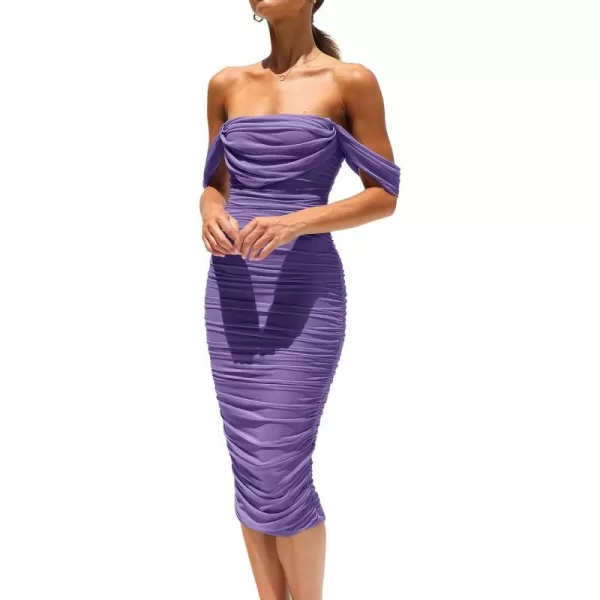 imagePRETTYGARDEN Womens Summer Off The Shoulder Ruched Bodycon Dresses Sleeveless Fitted Party Club Midi DressGrey Purple