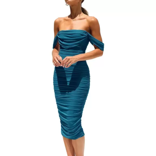 imagePRETTYGARDEN Womens Summer Off The Shoulder Ruched Bodycon Dresses Sleeveless Fitted Party Club Midi DressLake Blue