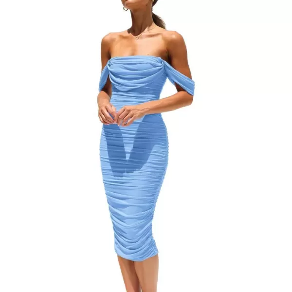 imagePRETTYGARDEN Womens Summer Off The Shoulder Ruched Bodycon Dresses Sleeveless Fitted Party Club Midi DressLight Blue