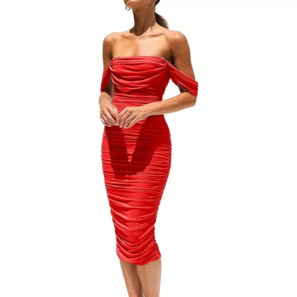 imagePRETTYGARDEN Womens Summer Off The Shoulder Ruched Bodycon Dresses Sleeveless Fitted Party Club Midi DressRed