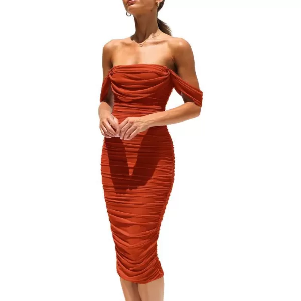 imagePRETTYGARDEN Womens Summer Off The Shoulder Ruched Bodycon Dresses Sleeveless Fitted Party Club Midi DressRust Red