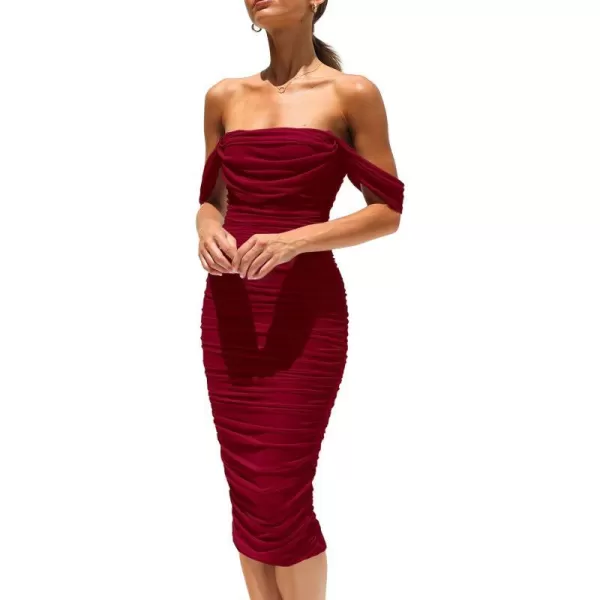 imagePRETTYGARDEN Womens Summer Off The Shoulder Ruched Bodycon Dresses Sleeveless Fitted Party Club Midi DressWine Red