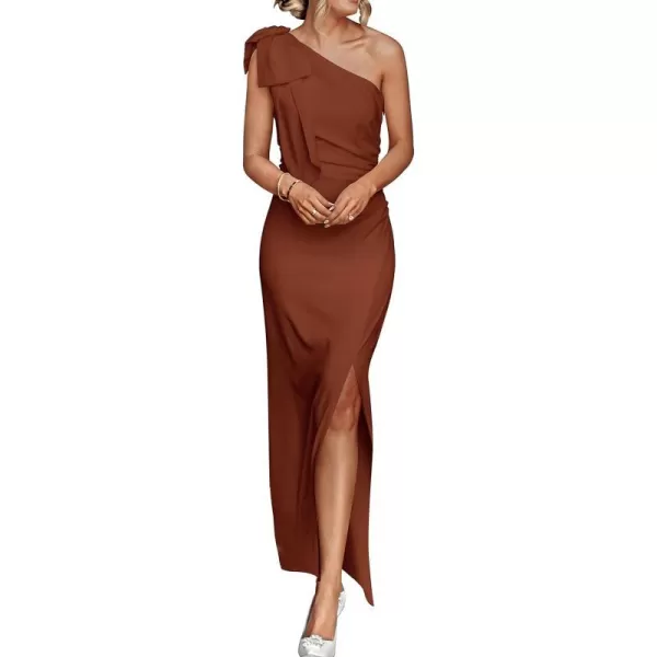 imagePRETTYGARDEN Womens Summer One Shoulder Long Formal Dresses Sleeveless Ruched Bodycon Wedding Guest Slit Maxi DressCoffee
