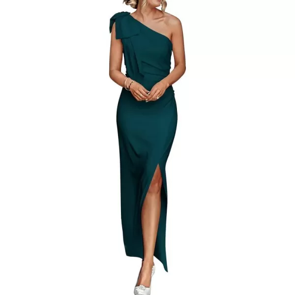 imagePRETTYGARDEN Womens Summer One Shoulder Long Formal Dresses Sleeveless Ruched Bodycon Wedding Guest Slit Maxi DressCyan
