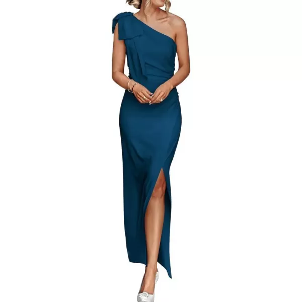 imagePRETTYGARDEN Womens Summer One Shoulder Long Formal Dresses Sleeveless Ruched Bodycon Wedding Guest Slit Maxi DressDark Blue
