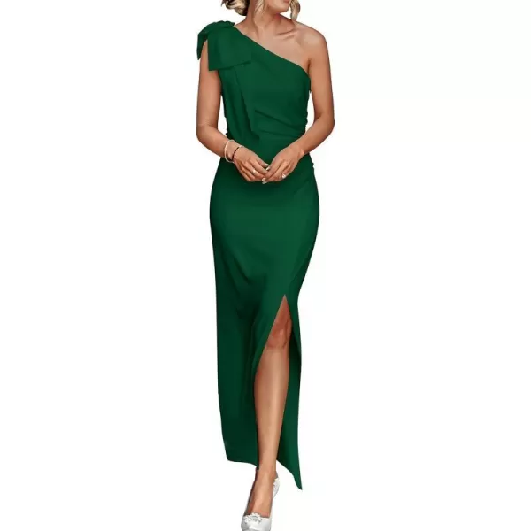 imagePRETTYGARDEN Womens Summer One Shoulder Long Formal Dresses Sleeveless Ruched Bodycon Wedding Guest Slit Maxi DressDark Green
