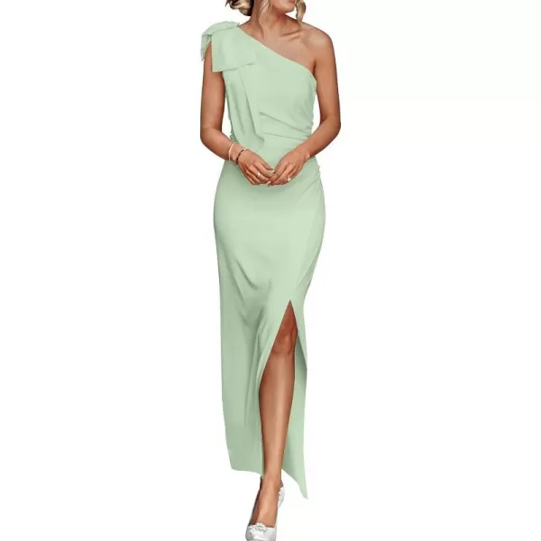 imagePRETTYGARDEN Womens Summer One Shoulder Long Formal Dresses Sleeveless Ruched Bodycon Wedding Guest Slit Maxi DressLight Green