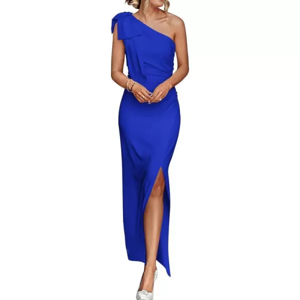 imagePRETTYGARDEN Womens Summer One Shoulder Long Formal Dresses Sleeveless Ruched Bodycon Wedding Guest Slit Maxi DressRoyal Blue
