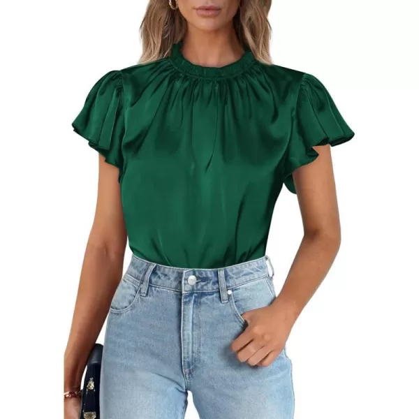 imagePRETTYGARDEN Womens Summer Satin Blouse Shirt Dressy Casual Ruffle Short Sleeve Crewneck Work Party TopsDark Green