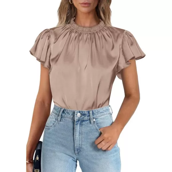 imagePRETTYGARDEN Womens Summer Satin Blouse Shirt Dressy Casual Ruffle Short Sleeve Crewneck Work Party TopsKhaki