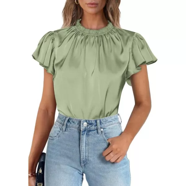 imagePRETTYGARDEN Womens Summer Satin Blouse Shirt Dressy Casual Ruffle Short Sleeve Crewneck Work Party TopsMint Green