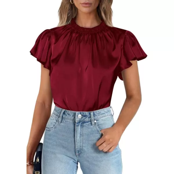 imagePRETTYGARDEN Womens Summer Satin Blouse Shirt Dressy Casual Ruffle Short Sleeve Crewneck Work Party TopsWine Red