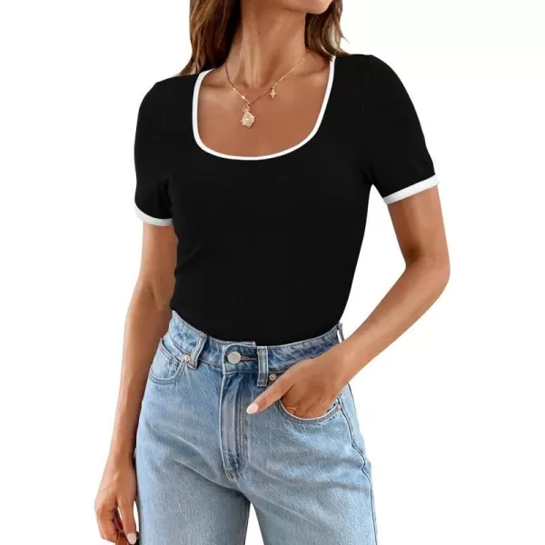 imagePRETTYGARDEN Womens Summer Short Sleeve T Shirts Ribbed Knit Square Neck Color Block Slim Fitted Basic Casual Tops BlousesBlack