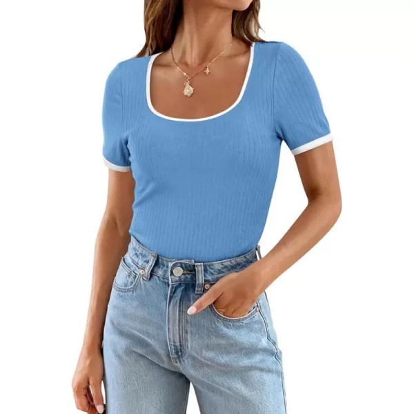 imagePRETTYGARDEN Womens Summer Short Sleeve T Shirts Ribbed Knit Square Neck Color Block Slim Fitted Basic Casual Tops BlousesBlue