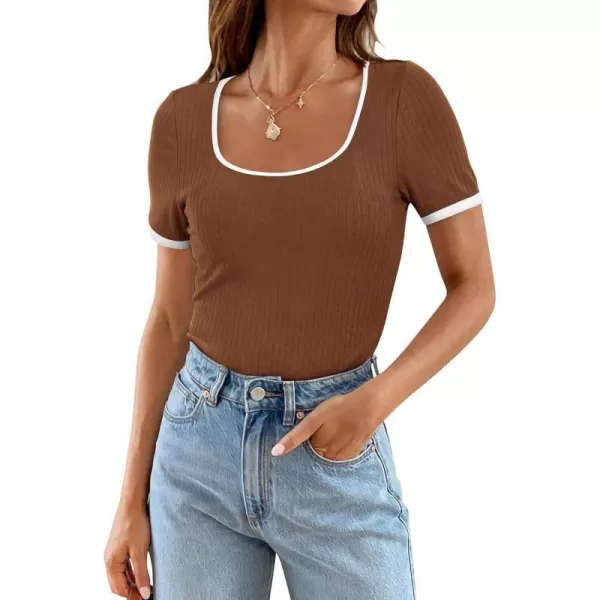 imagePRETTYGARDEN Womens Summer Short Sleeve T Shirts Ribbed Knit Square Neck Color Block Slim Fitted Basic Casual Tops BlousesBrown