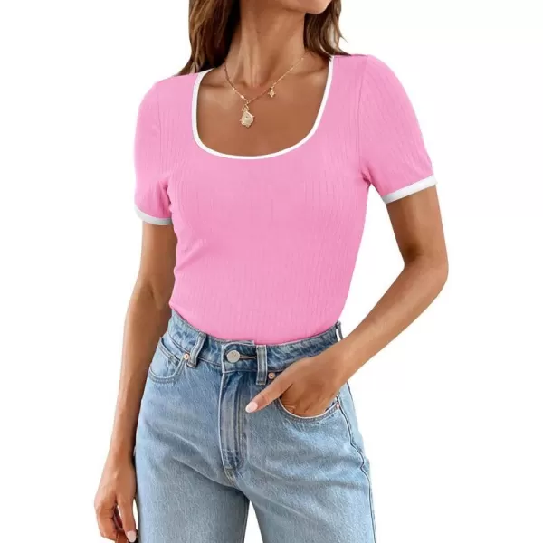 imagePRETTYGARDEN Womens Summer Short Sleeve T Shirts Ribbed Knit Square Neck Color Block Slim Fitted Basic Casual Tops BlousesLight Pink