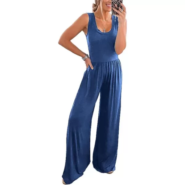 imagePRETTYGARDEN Womens Summer Sleeveless Tank Jumpsuits High Waist Low Cut Casual Scoop Neck Fit And Flare Long Pants RompersBlue