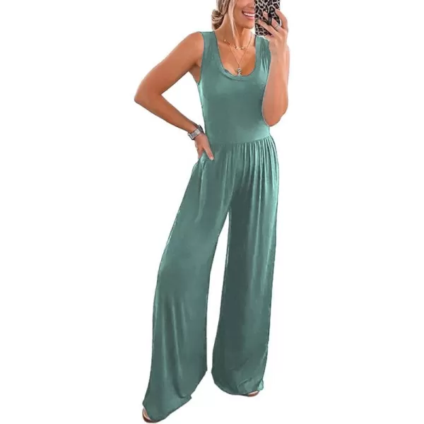imagePRETTYGARDEN Womens Summer Sleeveless Tank Jumpsuits High Waist Low Cut Casual Scoop Neck Fit And Flare Long Pants RompersGrey Green