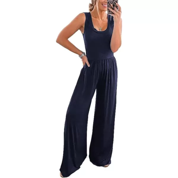 imagePRETTYGARDEN Womens Summer Sleeveless Tank Jumpsuits High Waist Low Cut Casual Scoop Neck Fit And Flare Long Pants RompersNavy