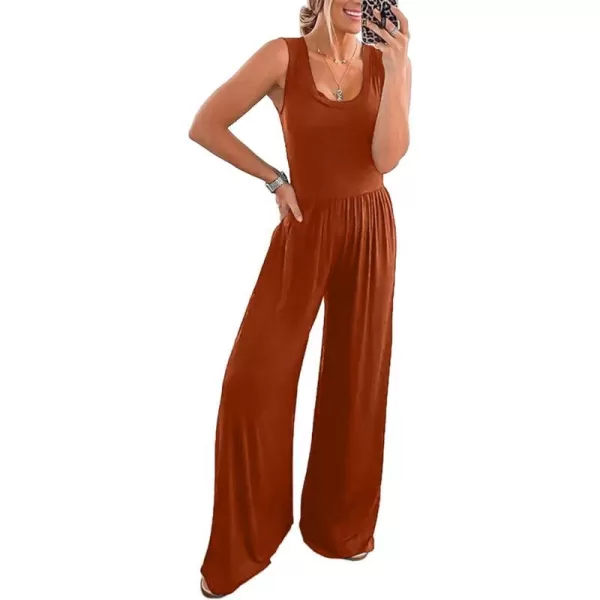 imagePRETTYGARDEN Womens Summer Sleeveless Tank Jumpsuits High Waist Low Cut Casual Scoop Neck Fit And Flare Long Pants RompersOrange Red