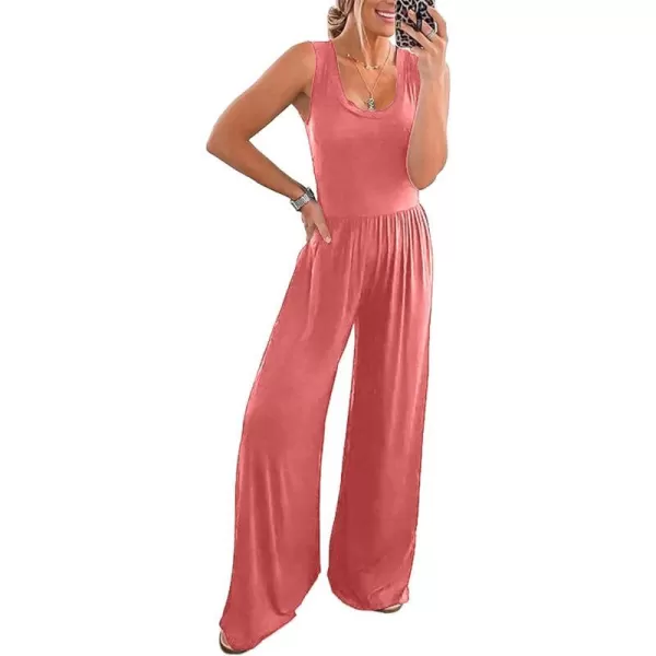 imagePRETTYGARDEN Womens Summer Sleeveless Tank Jumpsuits High Waist Low Cut Casual Scoop Neck Fit And Flare Long Pants RompersPink
