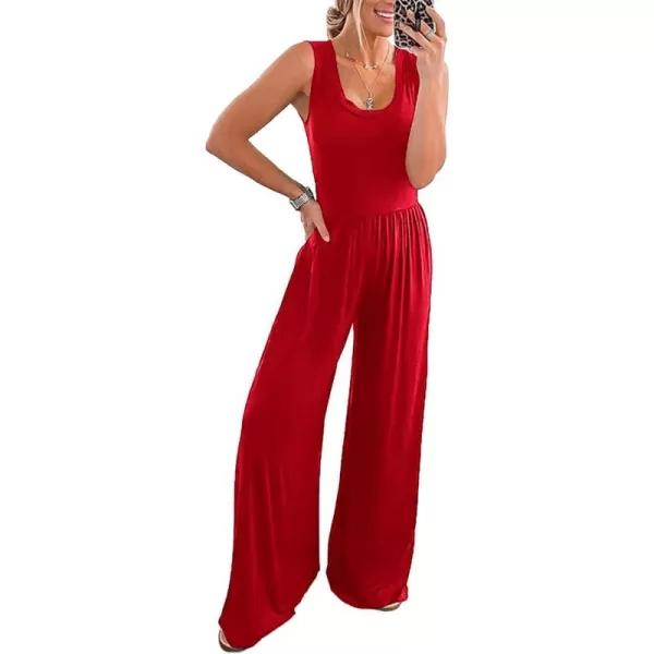 imagePRETTYGARDEN Womens Summer Sleeveless Tank Jumpsuits High Waist Low Cut Casual Scoop Neck Fit And Flare Long Pants RompersRed