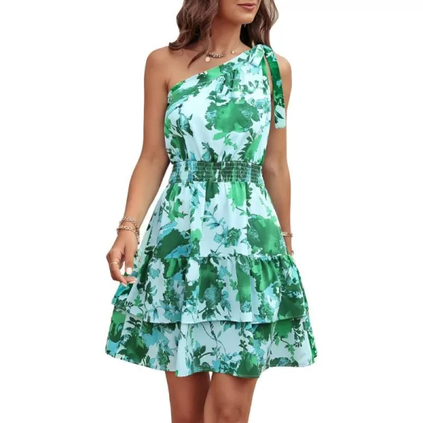imagePRETTYGARDEN Womens Summer Tie One Shoulder Boho Floral Dress Elastic Waist Tiered Ruffle A Line Flowy Mini DressesPrint Green