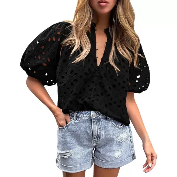 imagePRETTYGARDEN Womens Summer Tops Dressy Casual Short Lantern Sleeve V Neck Buttons Hollow Out Lace Embroidered Blouses ShirtsBlack