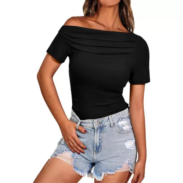 imagePRETTYGARDEN Womens Summer Trendy Y2K Crop Top Tee Casual Short Sleeve Asymmetrical Fitted Going Out T ShirtsBlack