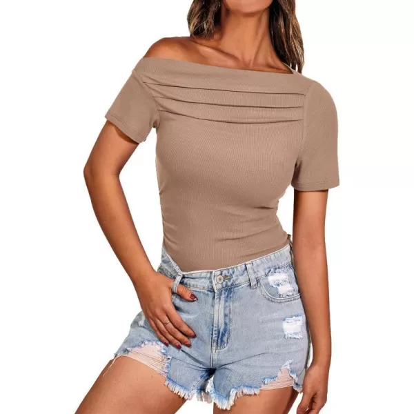 imagePRETTYGARDEN Womens Summer Trendy Y2K Crop Top Tee Casual Short Sleeve Asymmetrical Fitted Going Out T ShirtsCamel