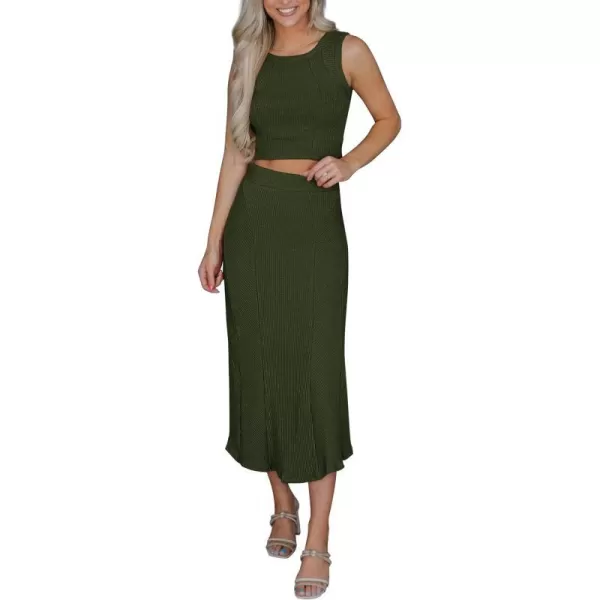 imagePRETTYGARDEN Womens Summer Two Piece Outfits Ribbed Crewneck Sleeveless Cropped Tank Tops and Bodycon Midi Skirt Matching SetArmy Green