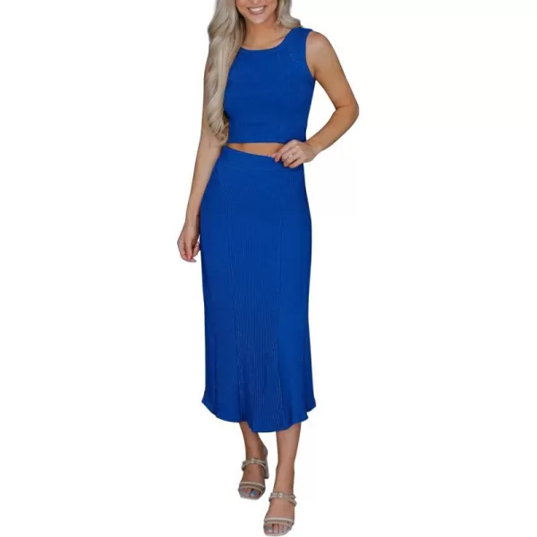 imagePRETTYGARDEN Womens Summer Two Piece Outfits Ribbed Crewneck Sleeveless Cropped Tank Tops and Bodycon Midi Skirt Matching SetBlue