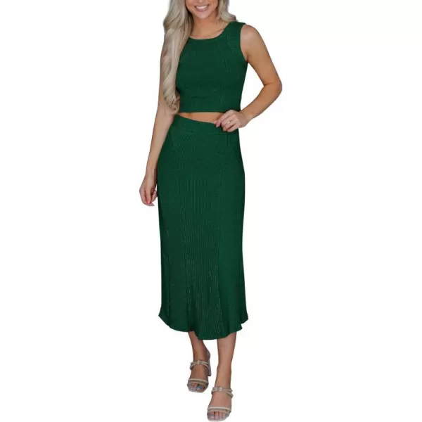 imagePRETTYGARDEN Womens Summer Two Piece Outfits Ribbed Crewneck Sleeveless Cropped Tank Tops and Bodycon Midi Skirt Matching SetDark Green