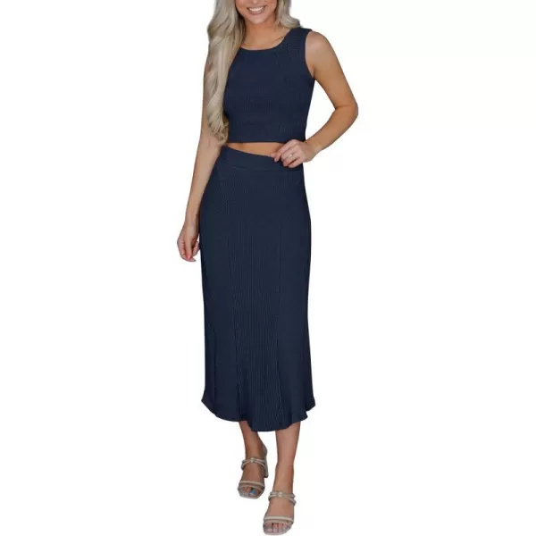 imagePRETTYGARDEN Womens Summer Two Piece Outfits Ribbed Crewneck Sleeveless Cropped Tank Tops and Bodycon Midi Skirt Matching SetNavy